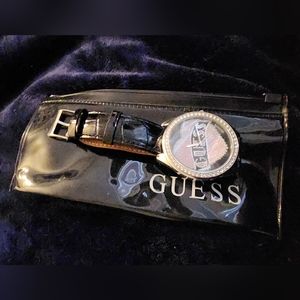 Guess Black Leather Pink Heart Crystals Glitz Dial